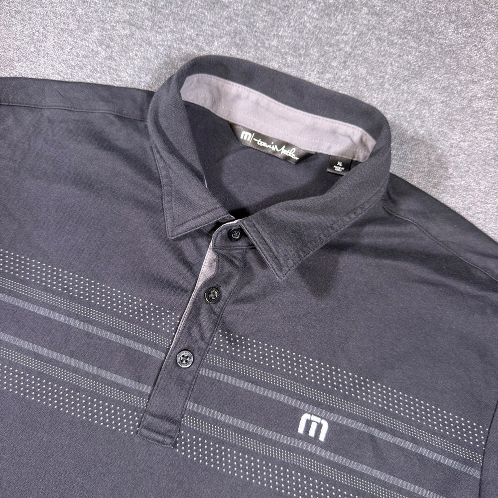 Travis Mathew Polo Shirt Mens XL Black Striped Logo Short Sleeve Golf Stretch